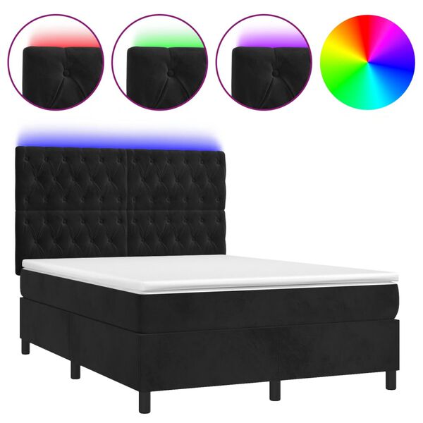 vidaXL Box Spring Bed with Mattress&LED Black 137x187 cm Double Size Velvet