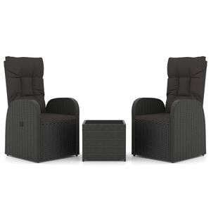 vidaXL 3 Piece Garden Lounge Set Black Poly Rattan&Steel