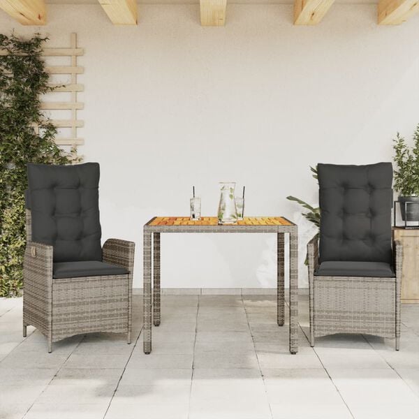 vidaXL 3 Piece Garden Dining Set with Cushions Grey Poly Rattan