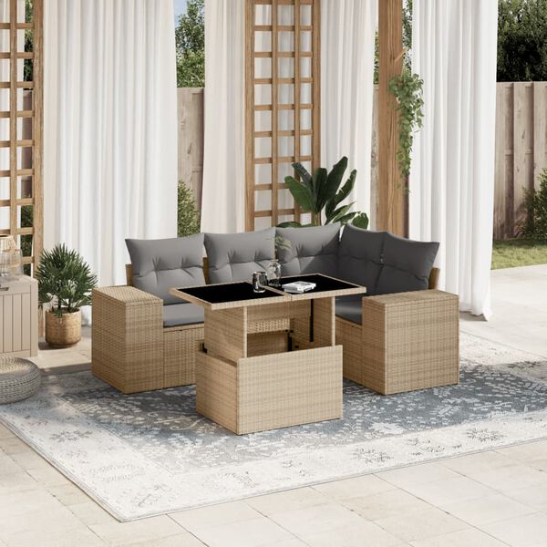vidaXL 5 Piece Garden Sofa Set with Cushions Beige Poly Rattan