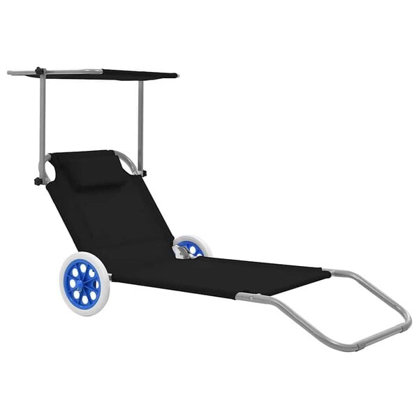 vidaXL Folding Sun Lounger with Canopy and Wheels Steel Black