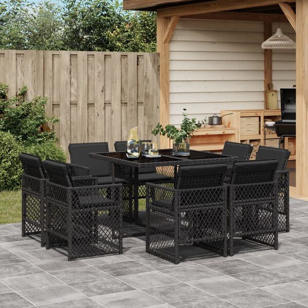 vidaXL 9 Piece Garden Dining Set with Cushions Black Poly Rattan
