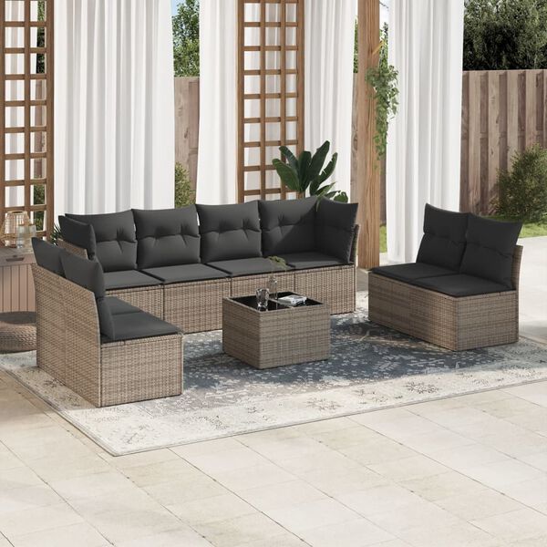vidaXL 9 Piece Garden Sofa Set with Cushions Grey Poly Rattan
