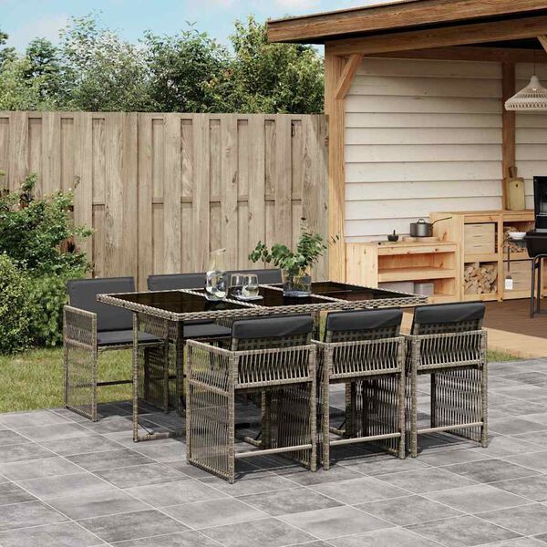 vidaXL 7 Piece Garden Dining Set with Cushions Grey Poly Rattan
