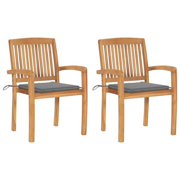 vidaXL Garden Chairs 2 pcs with Grey Cushions Solid Teak Wood