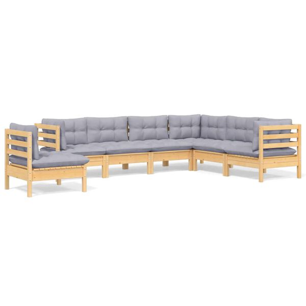 vidaXL 7 Piece Garden Lounge Set with Grey Cushions Solid Pinewood
