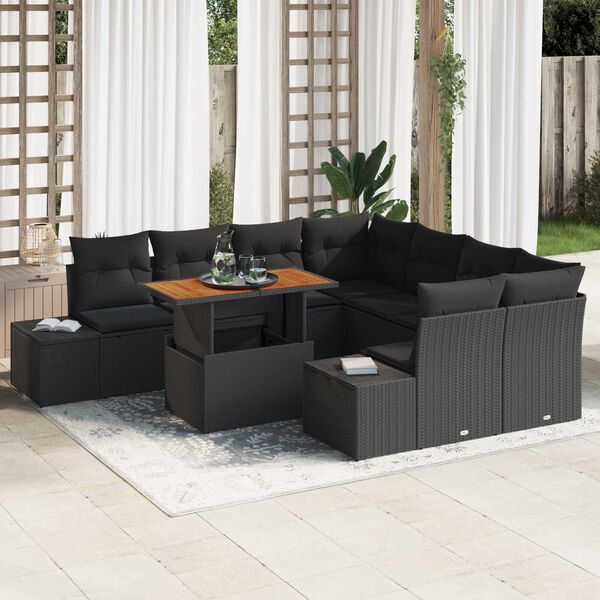 vidaXL Garden Sofa Set with Storage 9 pcs Black Poly rattan