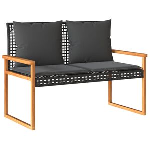 vidaXL Garden Bench with Cushion Black Poly Rattan Acacia Wood