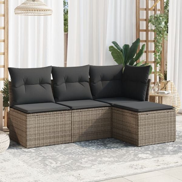 vidaXL 4 Piece Garden Sofa Set with Cushions Grey Poly Rattan