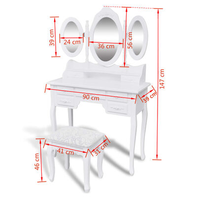 vidaXL Dressing Table with Stool and 3 Mirrors White