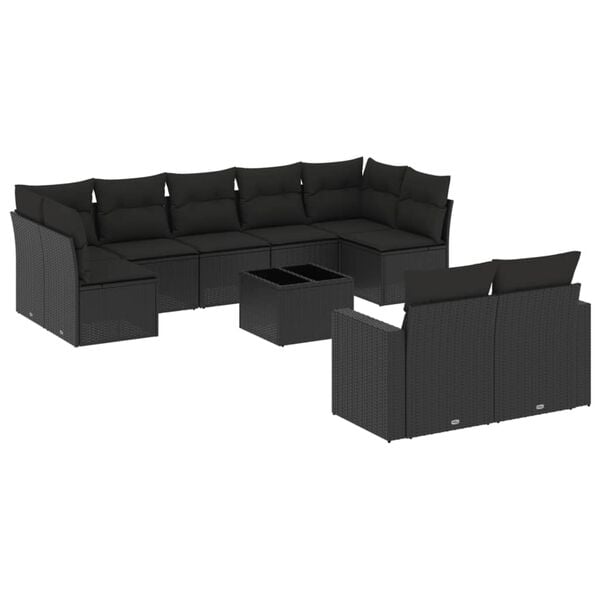 vidaXL 10 Piece Garden Sofa Set with Cushions Black Poly Rattan