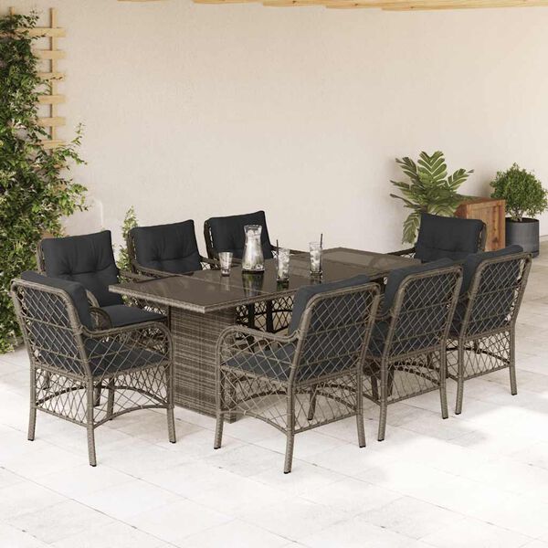vidaXL 9 Piece Garden Dining Set with Cushions Grey Poly Rattan