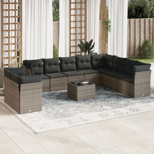 vidaXL 11 Piece Garden Sofa Set with Cushions Grey Poly Rattan