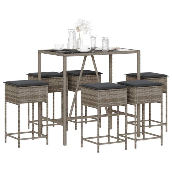 vidaXL 7 Piece Garden Bar Set with Cushions Grey Poly Rattan
