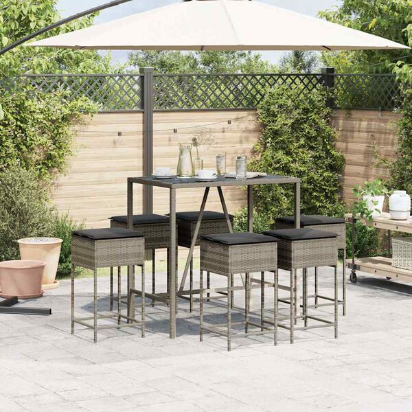 vidaXL 7 Piece Garden Bar Set with Cushions Grey Poly Rattan