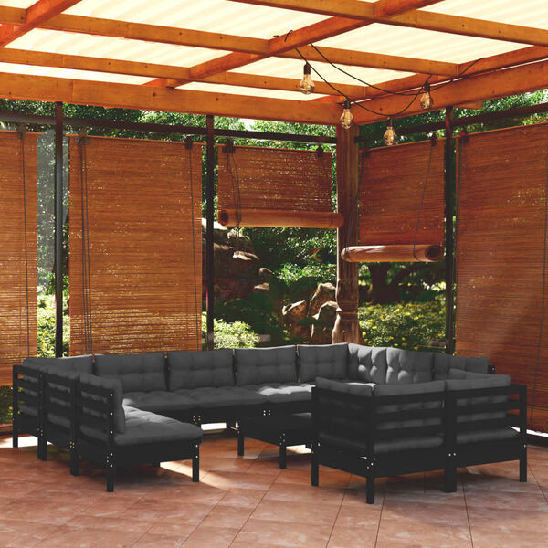 vidaXL 12 Piece Garden Lounge Set with Cushions Black Solid Pinewood
