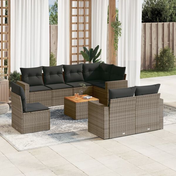 vidaXL 9 Piece Garden Sofa Set with Cushions Grey Poly Rattan