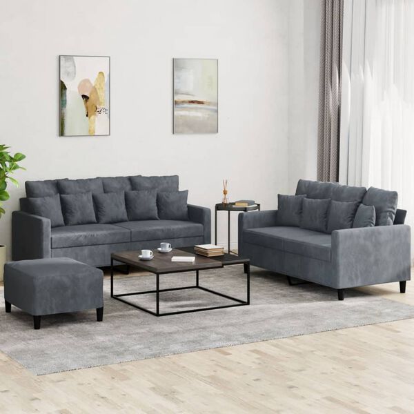 vidaXL 3 Piece Sofa Set with Cushions Dark Grey Velvet