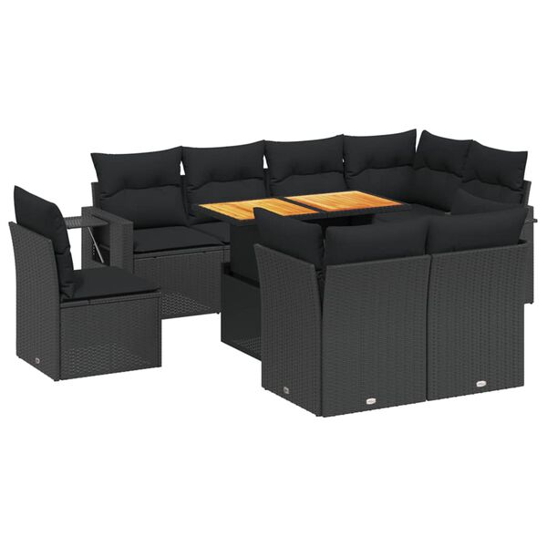 vidaXL 9 Piece Garden Sofa Set with Cushions Black Poly Rattan