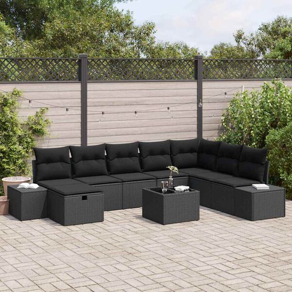 vidaXL Garden Sofa Set with Cushion 9 pcs Black Poly Rattan