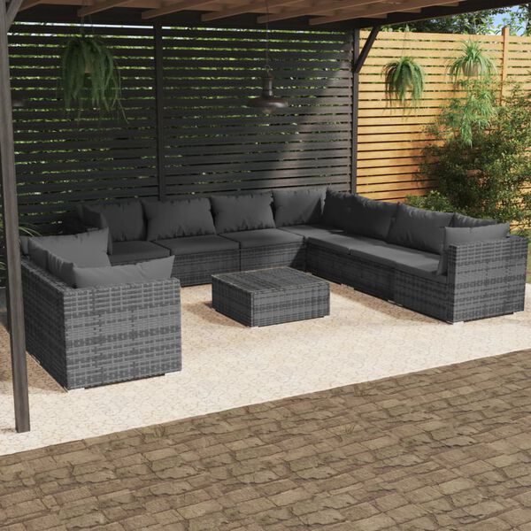 vidaXL 10 Piece Garden Lounge Set with Cushions Grey Poly Rattan