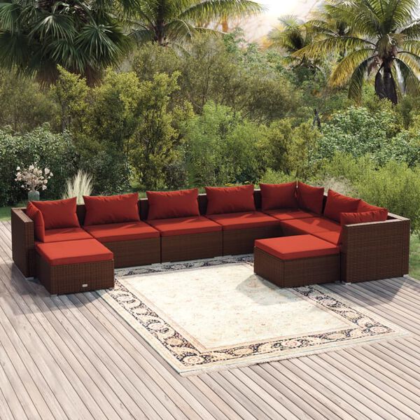 vidaXL 9 Piece Garden Lounge Set with Cushions Poly Rattan Brown