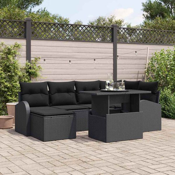 vidaXL Garden Sofa Set with Storage 7 pcs Black Poly rattan