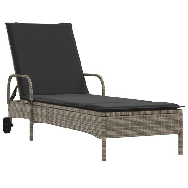 vidaXL Sun Lounger with Wheels and Cushion Grey Poly Rattan