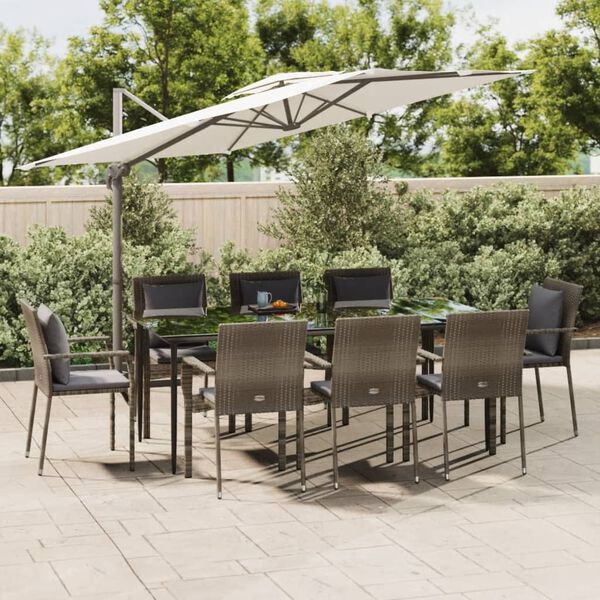 vidaXL 9 Piece Garden Dining Set with Cushions Black and Grey Poly Rattan