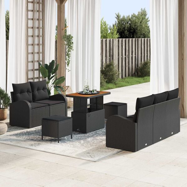 vidaXL Garden Sofa Set with Cushion 8 pcs Black Poly Rattan