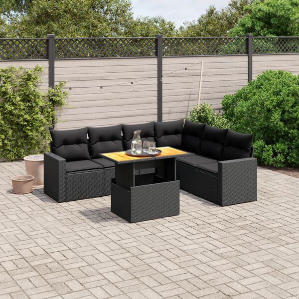 vidaXL 7 Piece Garden Sofa Set with Cushions Black Poly Rattan