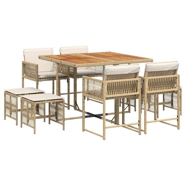 vidaXL 9 Piece Garden Dining Set with Cushions Beige Poly Rattan