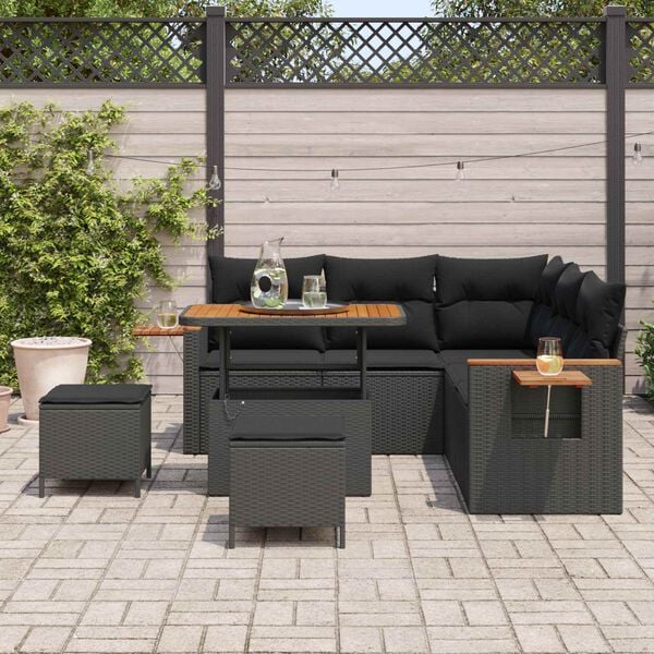 vidaXL Garden Sofa Set with Cushion with Storage Black Poly rattan
