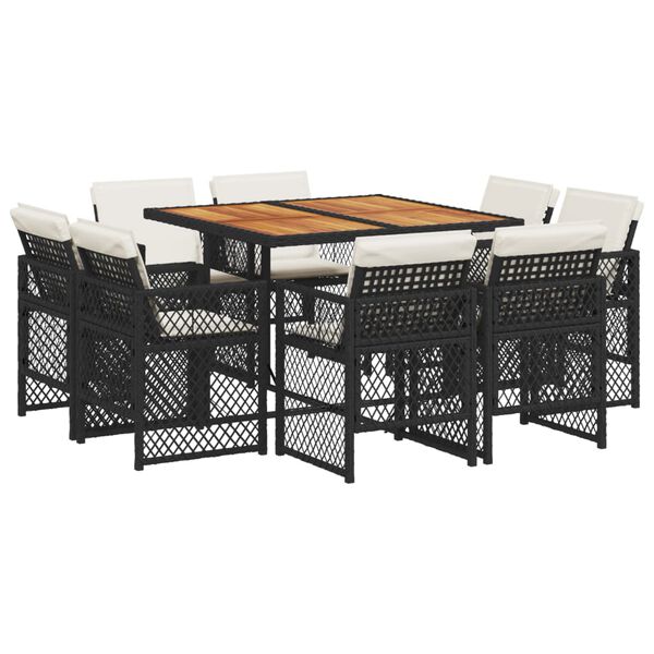 vidaXL 9 Piece Garden Dining Set with Cushions Black Poly Rattan