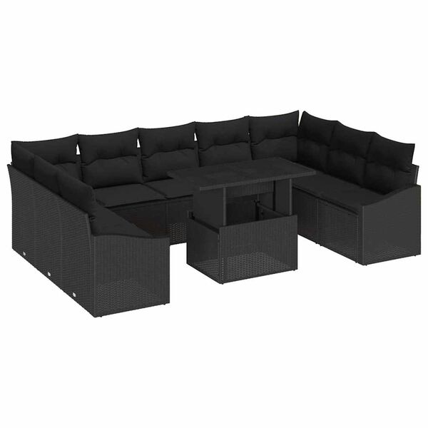 vidaXL Sofa Set with Cushion Manual 10 pcs Black Poly Rattan