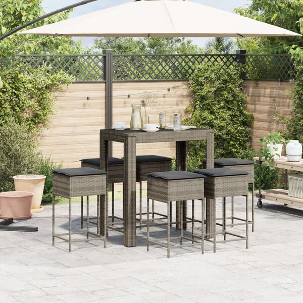 vidaXL 7 Piece Garden Bar Set with Cushions Grey Poly Rattan