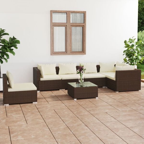 vidaXL 7 Piece Garden Lounge Set with Cushions Poly Rattan Brown