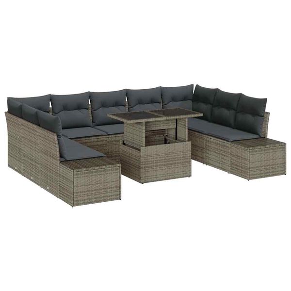 vidaXL Garden Sofa Set with Storage 10 pcs Grey Poly rattan