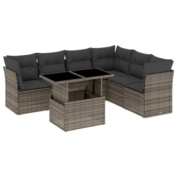 vidaXL 7 Piece Garden Sofa Set with Cushions Grey Poly Rattan