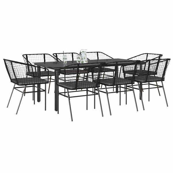 vidaXL 9 Piece Garden Dining Set with Cushions Black Poly Rattan Glass