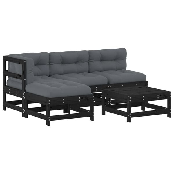 vidaXL 5 Piece Garden Lounge Set with Cushions Black Solid Wood