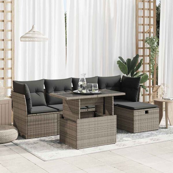 vidaXL 6 Piece Garden Sofa Set with Cushions Grey Poly Rattan