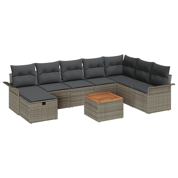 vidaXL Garden Sofa Set with Cushion 9 pcs Grey Poly rattan