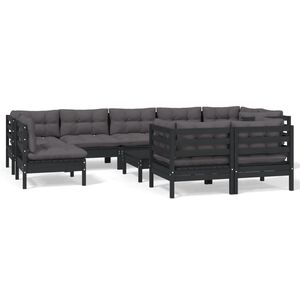 vidaXL 10 Piece Garden Lounge Set with Cushions Black Solid Pinewood