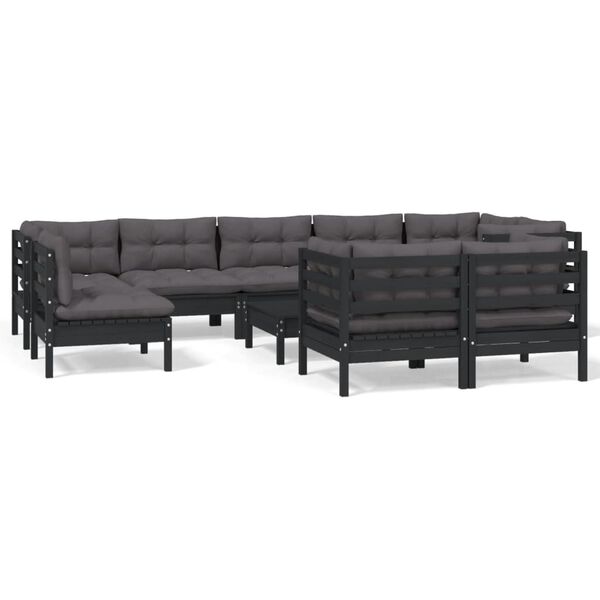 vidaXL 10 Piece Garden Lounge Set with Cushions Black Solid Pinewood