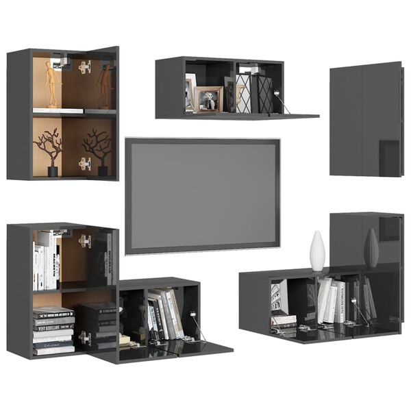 vidaXL 7 Piece TV Cabinet Set High Gloss Grey Engineered Wood