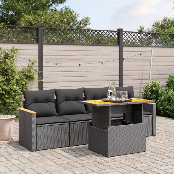 vidaXL 5 Piece Garden Sofa Set with Cushions Black Poly Rattan
