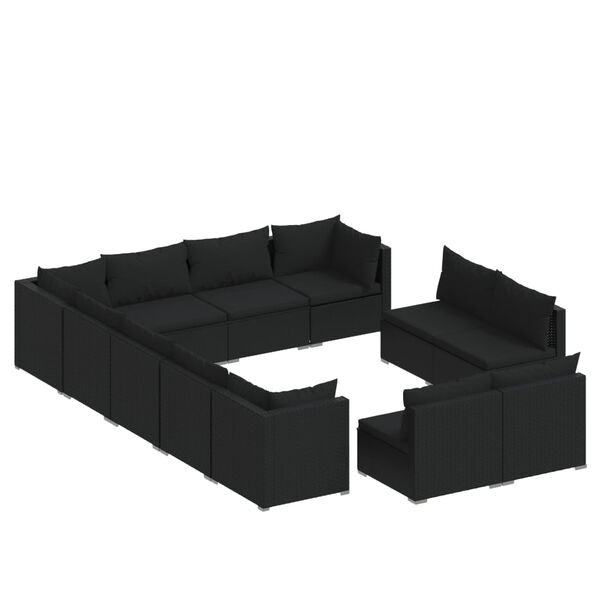 vidaXL 12 Piece Garden Lounge Set with Cushions Black Poly Rattan