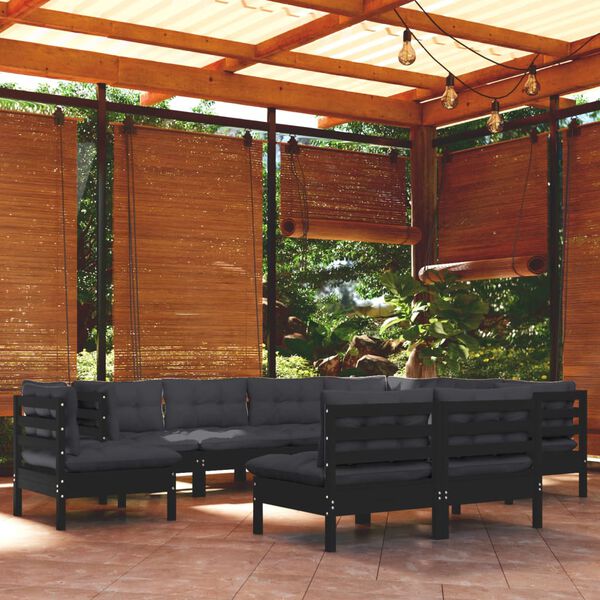 vidaXL 9 Piece Garden Lounge Set with Cushions Black Solid Pinewood