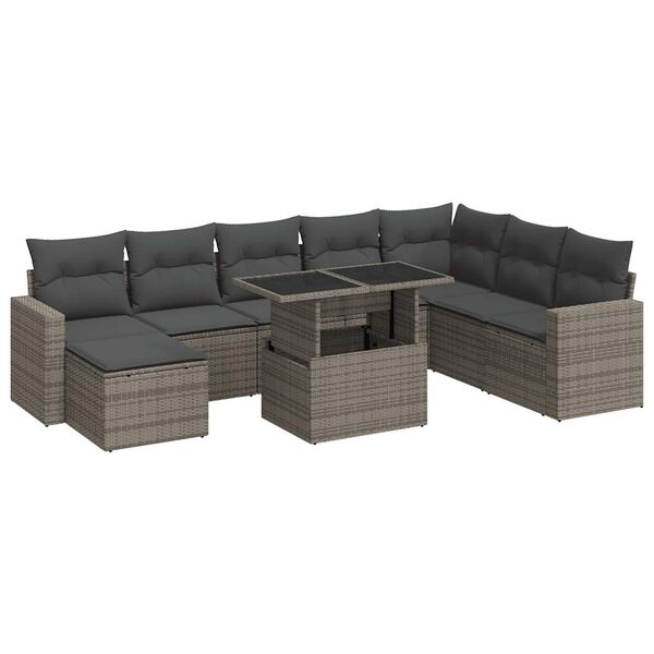 vidaXL 9 Piece Garden Sofa Set with Cushions Grey Poly Rattan